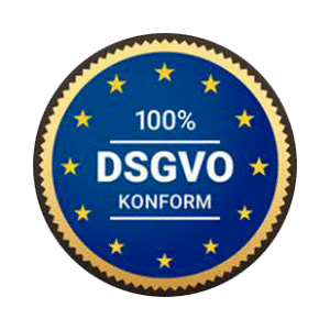 Blauer Siegel mit goldenen Sternen und der Aufschrift "100% DSGVO KONFORM".