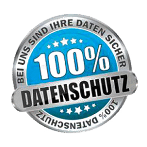 Sicherheitsabzeichen mit der Aufschrift "100% Datenschutz" auf blauem Hintergrund und Sternen.