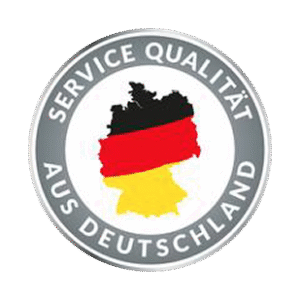 Logo mit der Silhouette Deutschlands in den Farben Schwarz-Rot-Gold und dem Text "SERVICE QUALIT&Auml;T AUS DEUTSCHLAND".