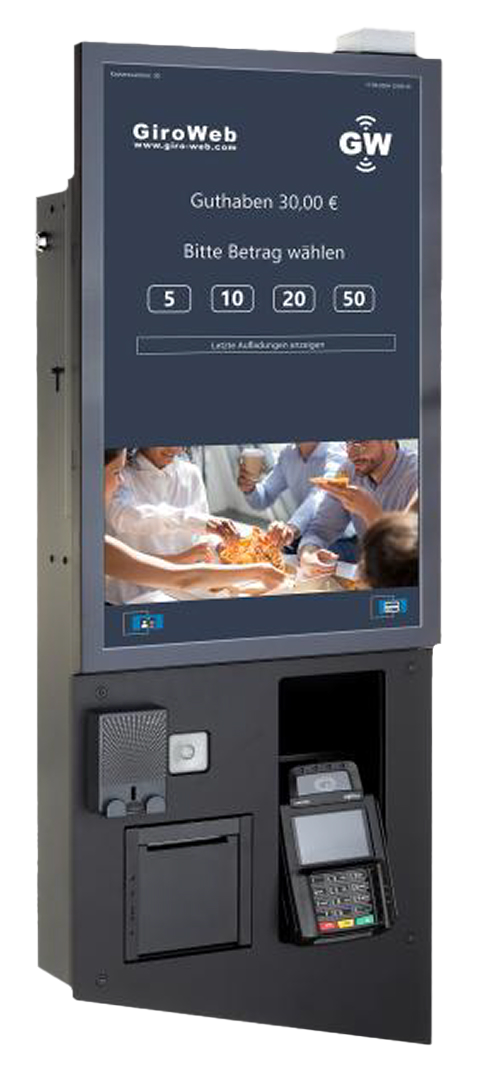 Geldautomat mit Bildschirm zur Auswahl von Betr&auml;gen und Kartenzahlungsm&ouml;glichkeit.