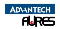Logo von Advantech und Aures, in Blau und Schwarz mit einem roten Punkt im Aures-Schriftzug.