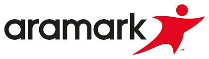 Logo von Aramark mit schwarzer Schrift auf weißem Hintergrund und rotem Symbol.
