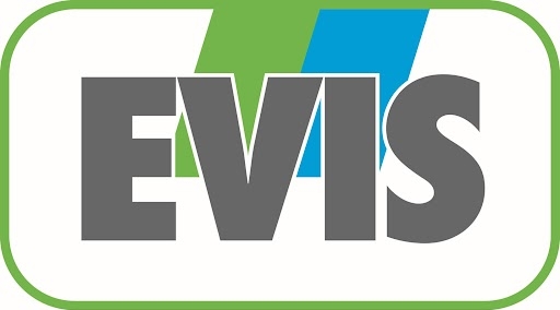 Logo von EVIS mit grauem Schriftzug auf weißem Hintergrund, umgeben von grünen und blauen Elementen.