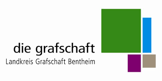 Logo der Grafschaft Bentheim mit grünem Quadrat und Schriftzug „die grafschaft Landkreis Grafschaft Bentheim“.