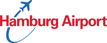 Logo des Hamburg Airports mit stilisiertem Flugzeug und Schriftzug in Rot und Blau.