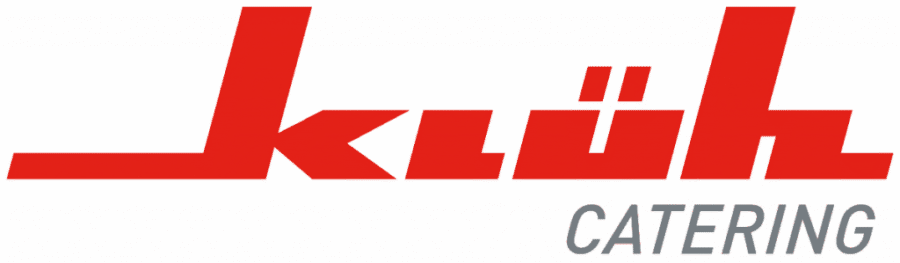 Logo von "klüh CATERING" in roter Schrift auf transparentem Hintergrund.