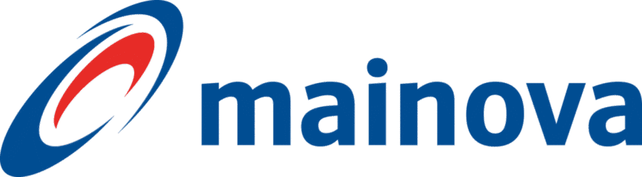 Logo von Mainova mit dynamischem Design in Blau, Rot und Schwarz.