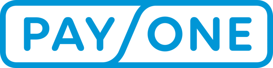 Logo von PayOne mit blauer Schrift auf schwarzem Hintergrund, bestehend aus den Worten "PAY" und "ONE".