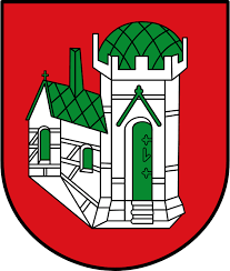 Wappen der Samtgemeinde Fürstenau mit rotem Hintergrund, zeigt ein grünes Gebäude mit Kuppel und Tür, umgeben von weißen Konturen.