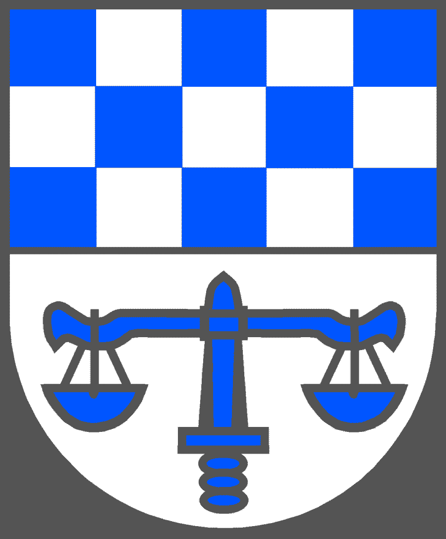 Wappen der Samtgemeinde Meinersen mit blauen Schachbrettmustern und einer Waage auf einem weißen Hintergrund.