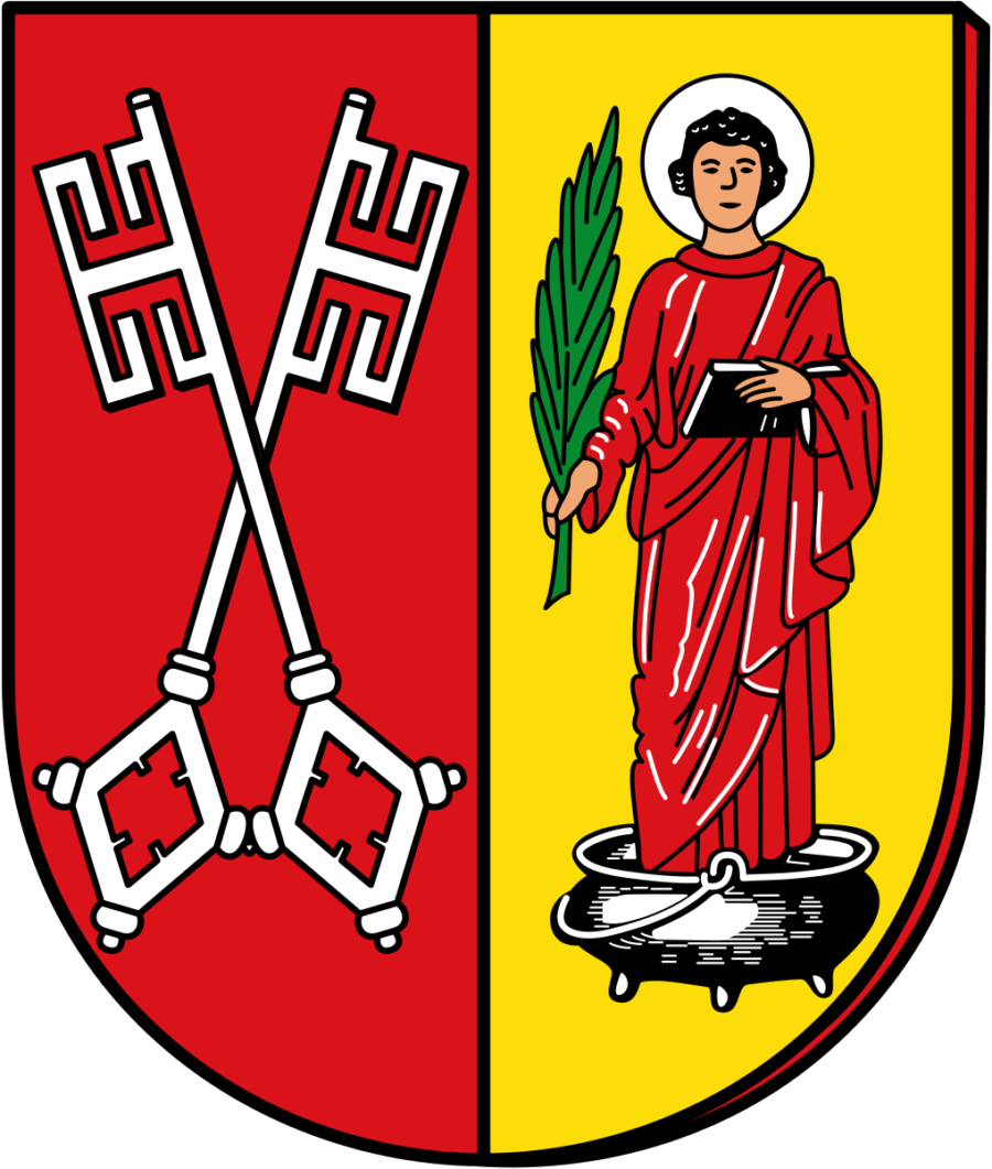 Wappen der Samtgemeinde Zeven mit zwei gekreuzten Schlüsseln auf rotem Hintergrund und einer Heiligen Figur auf gelbem Hintergrund.
