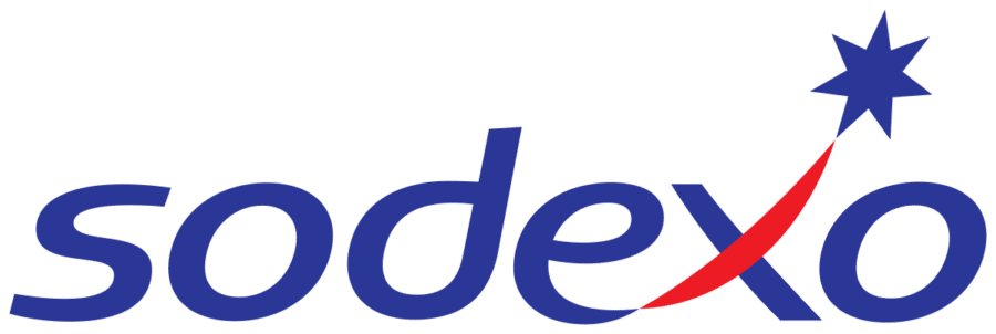 Logo von Sodexo mit blauer Schrift und rotem Schwung, ergänzt durch einen Stern.