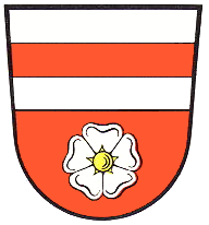 Wappen der Stadt Schneverdingen mit drei horizontalen weißen Streifen auf rotem Grund und einer weißen Rose mit gelbem Zentrum.