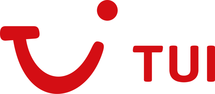 Rotes TUI-Logo mit stilisiertem "T" und einem Punkt.