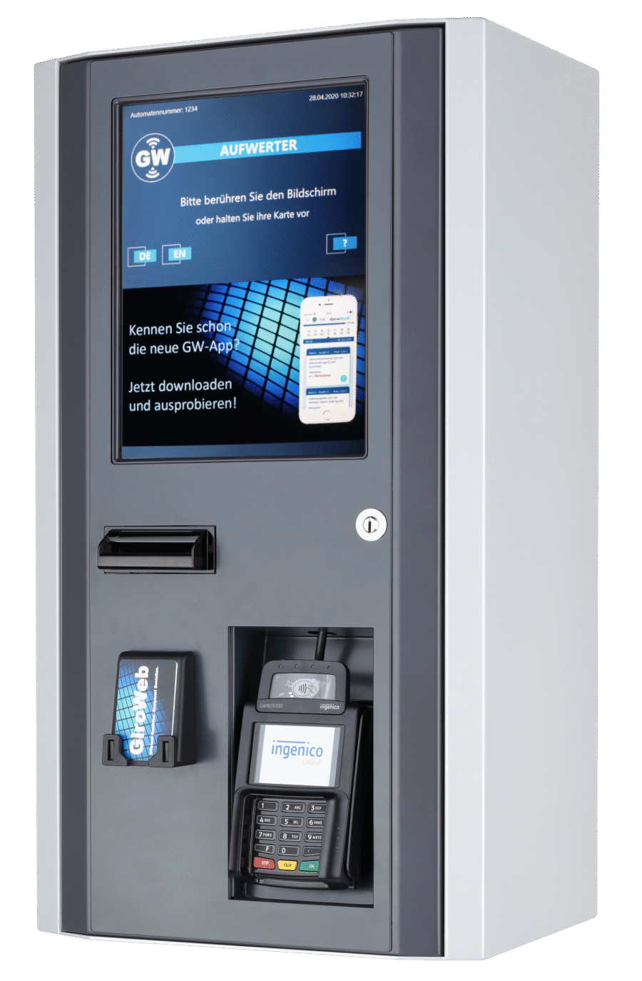 Automatischer Aufwerter mit Touchscreen, Kartenleser und QR-Code Scanner f&uuml;r digitale Zahlungen.