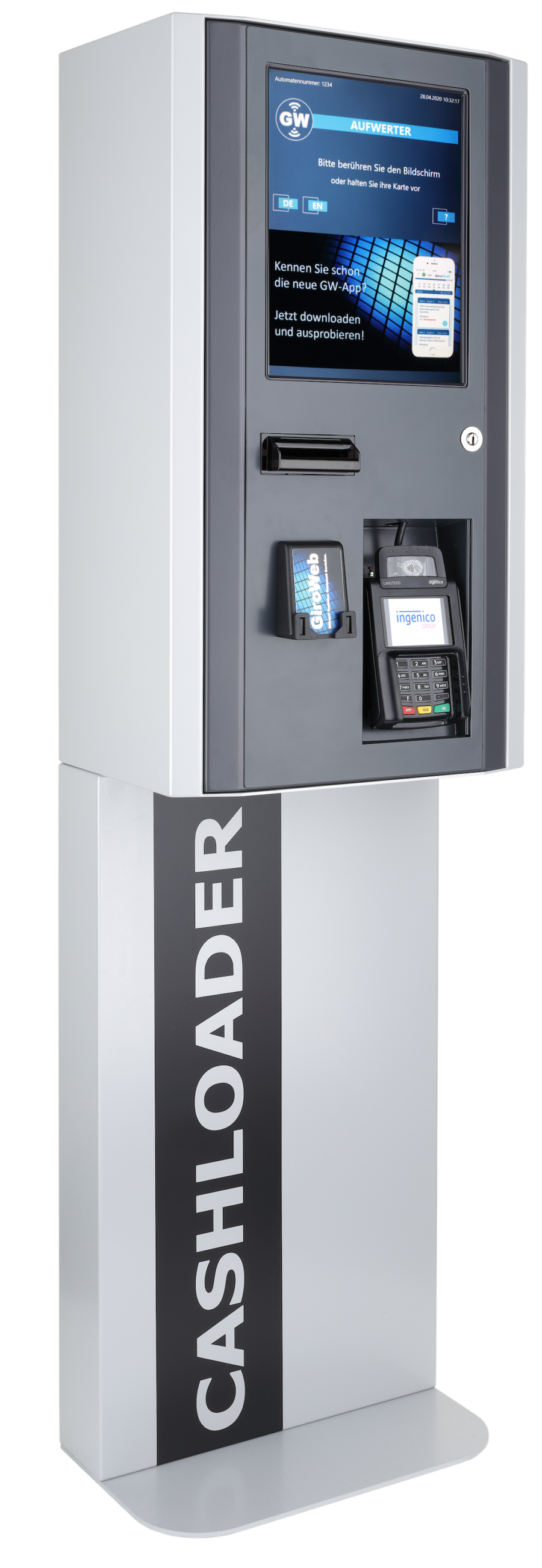 Ein Geldautomat mit Bildschirm, Kartenleser und Zahlungsger&auml;t, zur Bargeldaufladung.