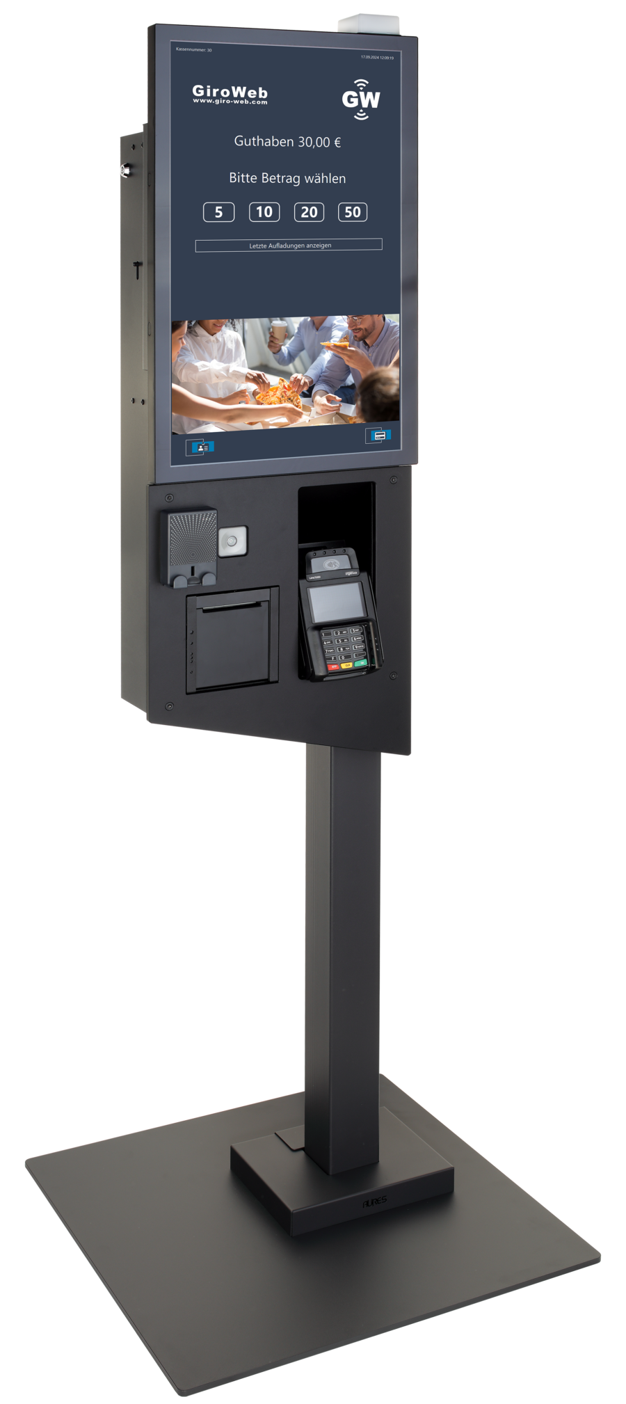 Kiosk mit Touchscreen zur Auswahl von Geldbetr&auml;gen und Bezahlm&ouml;glichkeiten in einem modernen Design.