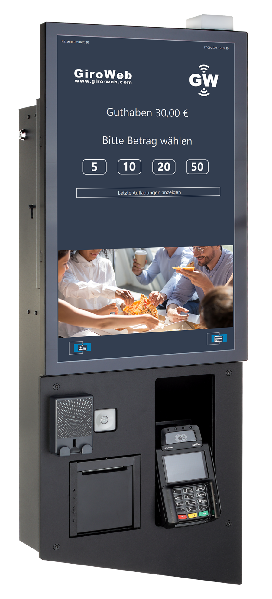 Ein Geldautomat mit Bildschirm, der Auswahlm&ouml;glichkeiten f&uuml;r Bargeld bietet und eine kontaktlose Zahlung erm&ouml;glicht.