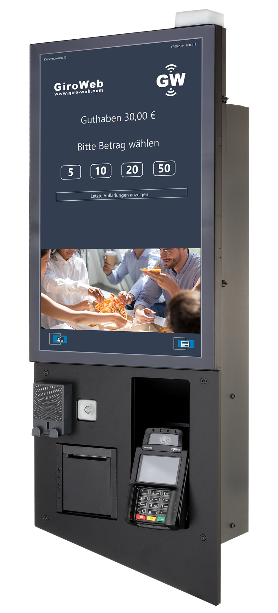 Ein Selbstbedienungsterminal mit Bildschirm, Geldautomat, und Zahlungsger&auml;t, das Guthaben abfragt.