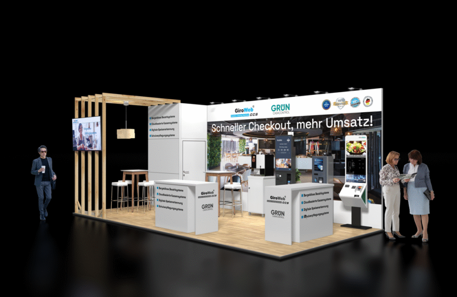 Messestand mit modernem Design, Fokus auf schnellem Checkout und Verkaufsförderung, mit interaktiven Displays und Sitzecke.