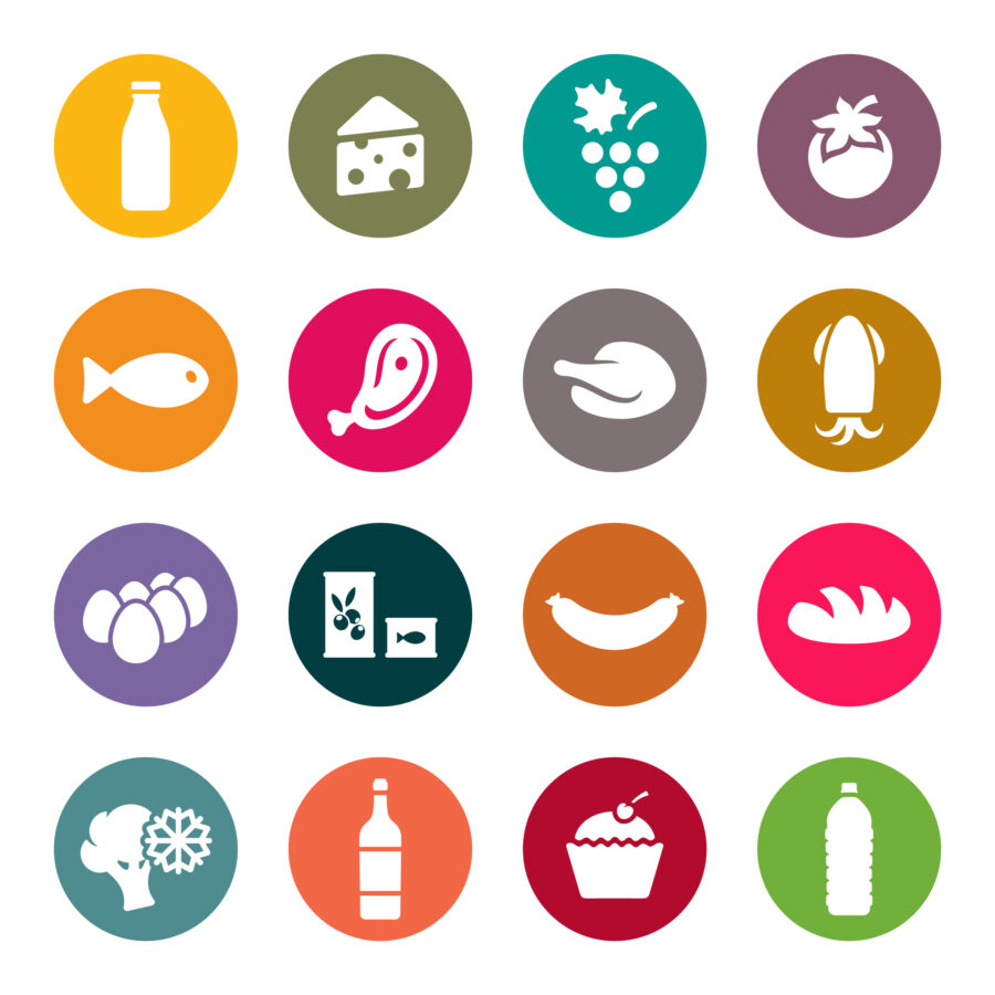 Eine Sammlung von Lebensmittelsymbolen in bunten Kreisen: Milch, K&auml;se, Trauben, Fleisch, Eier, Gem&uuml;se und Getr&auml;nke.